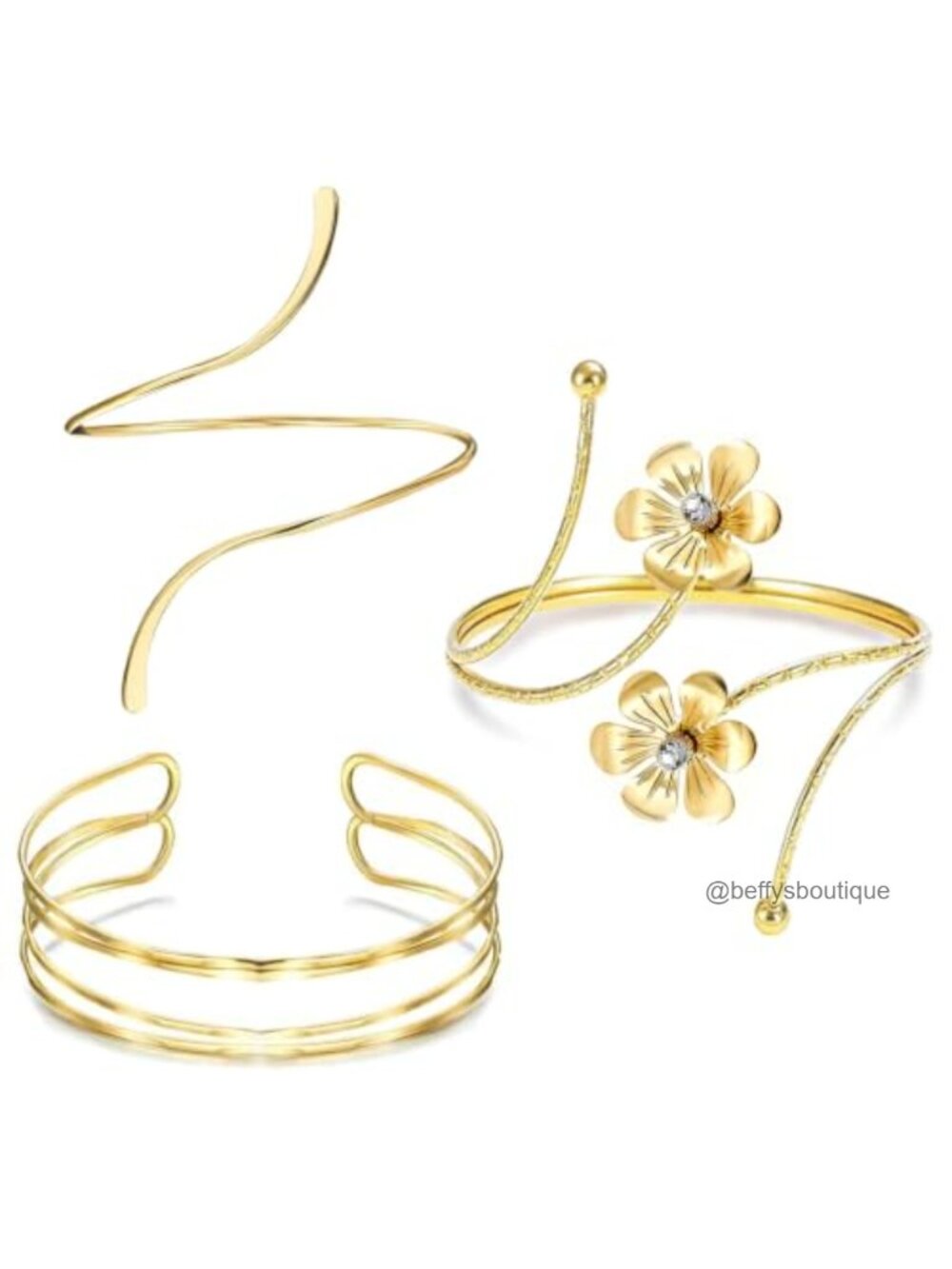 3PC Gold Open Cuff Bracelet Set Stackable Flower Arm Cuff Jewelry Adjustable